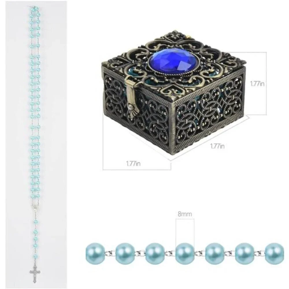 Blue Rosary Beads with Vintage Keepsake Box – Royal Blue Gemstone Accent